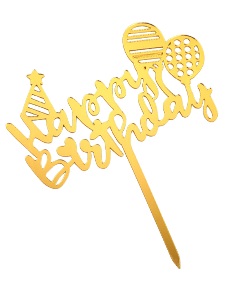 Pique festif doré, message « Happy Birthday » et ballons