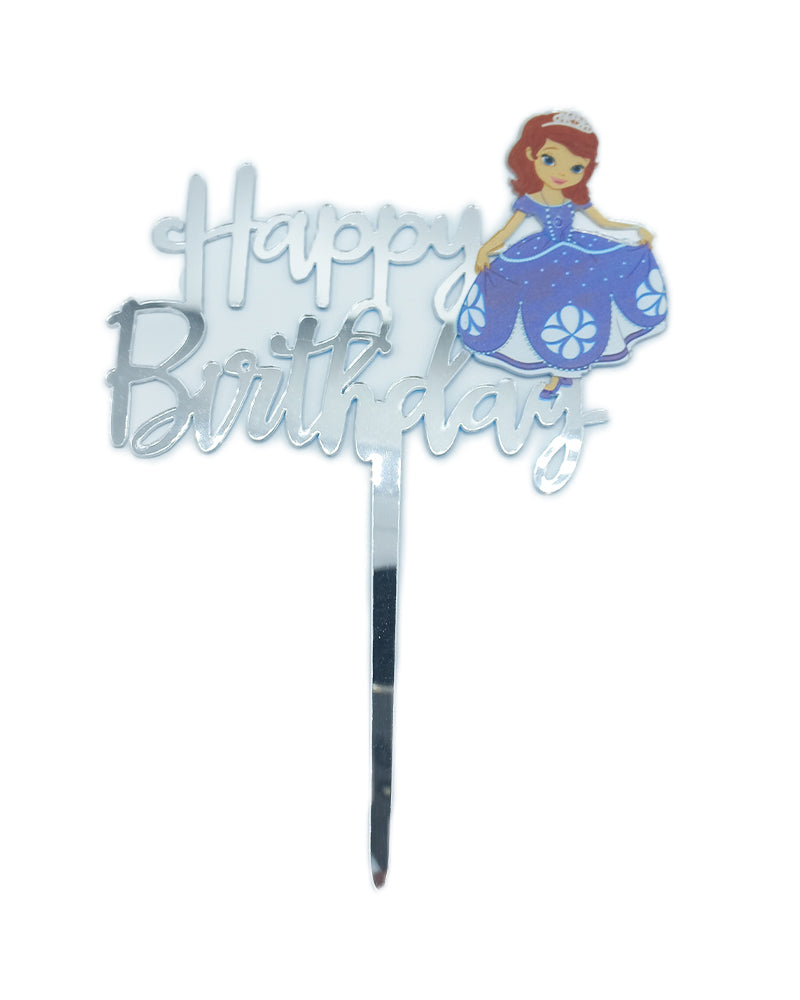 Pique de gâteau argenté « Happy Birthday » avec princesse bleue