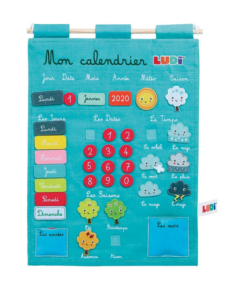 Calendrier mural éducatif bleu à éléments amovibles