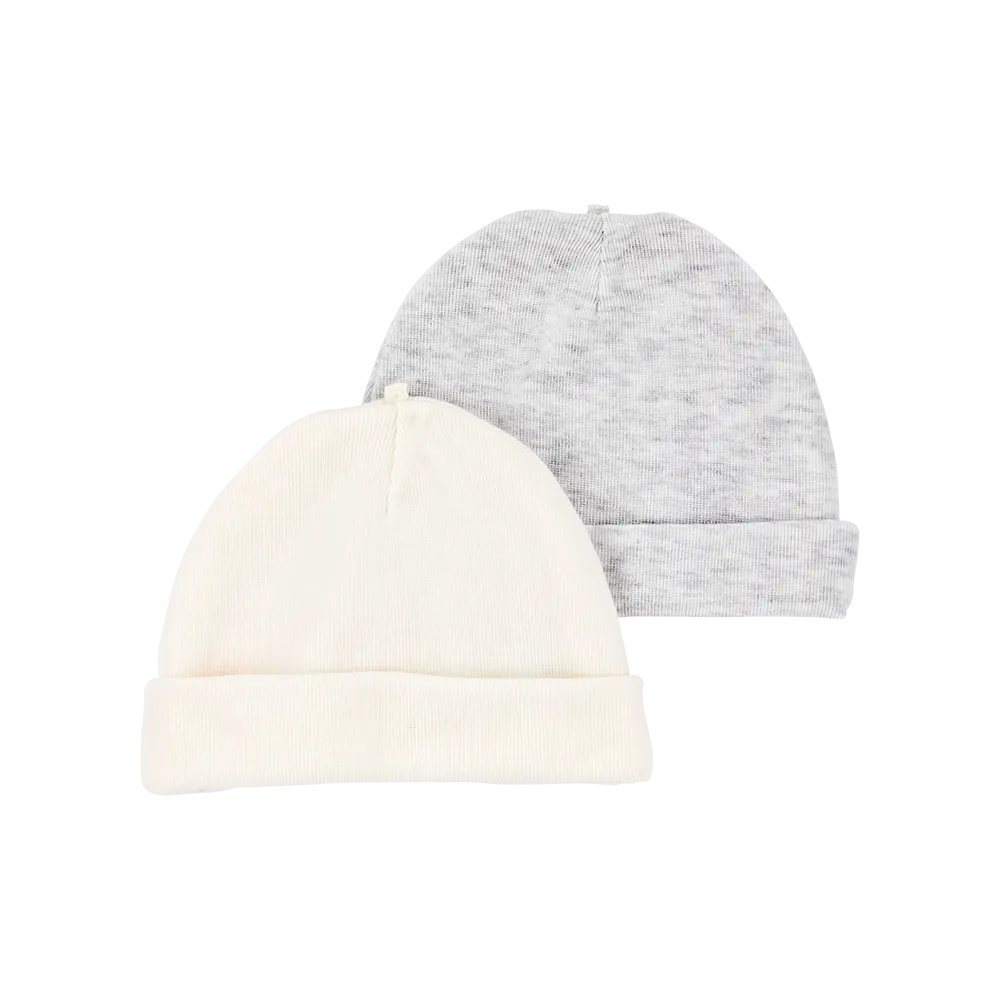 Lot de 2 bonnets bébé gris et ivoire, 0–3 mois
