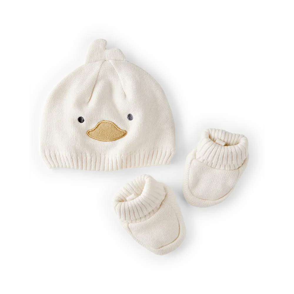 Coffret naissance avec bonnet canard brodé et chaussons assortis