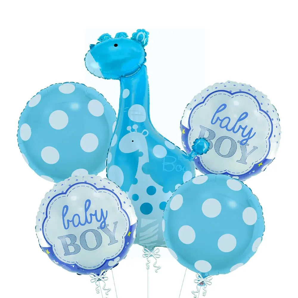 Lot de 5 ballons bleus à pois, girafe et message Baby Boy