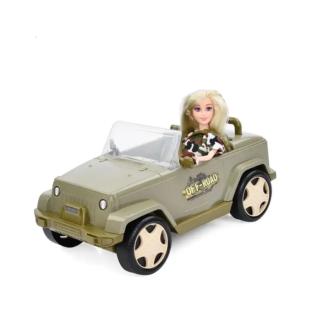 Poupée articulée et voiture tout-terrain vert olive, duo 3 ans+