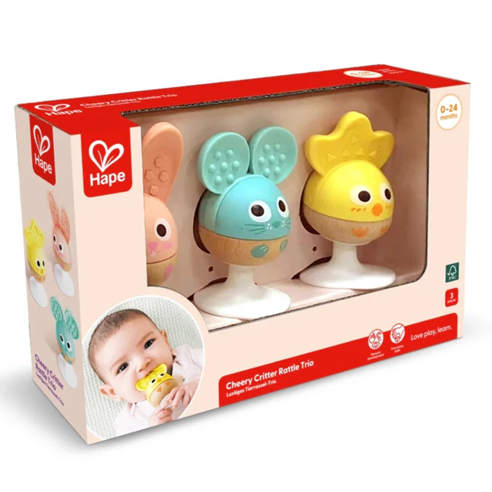 Trio Hochets Animaux Silicone & Bois Hape 0-24M