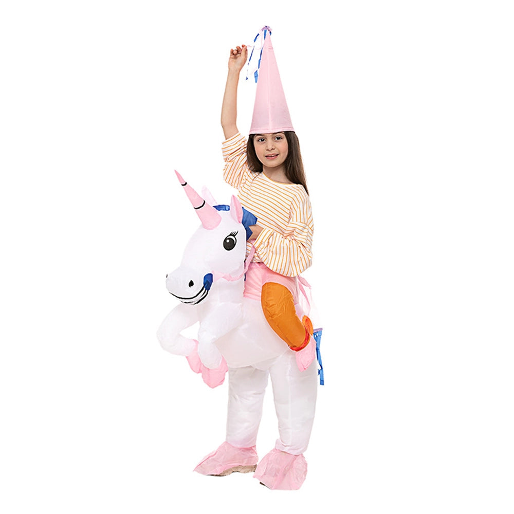 Licorne à chevaucher : costume gonflable et chapeau rose