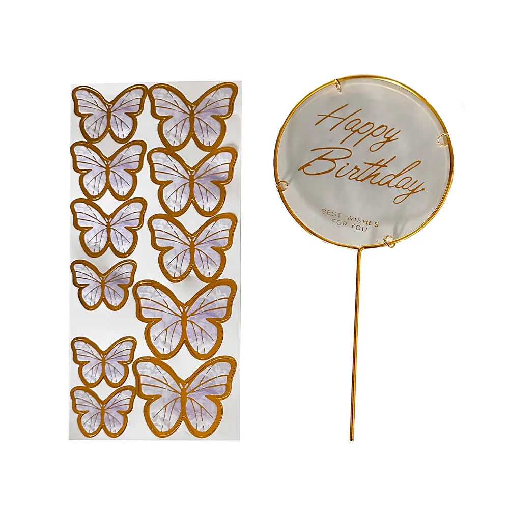 Pique à gâteau « Happy Birthday » rond avec papillons dorés