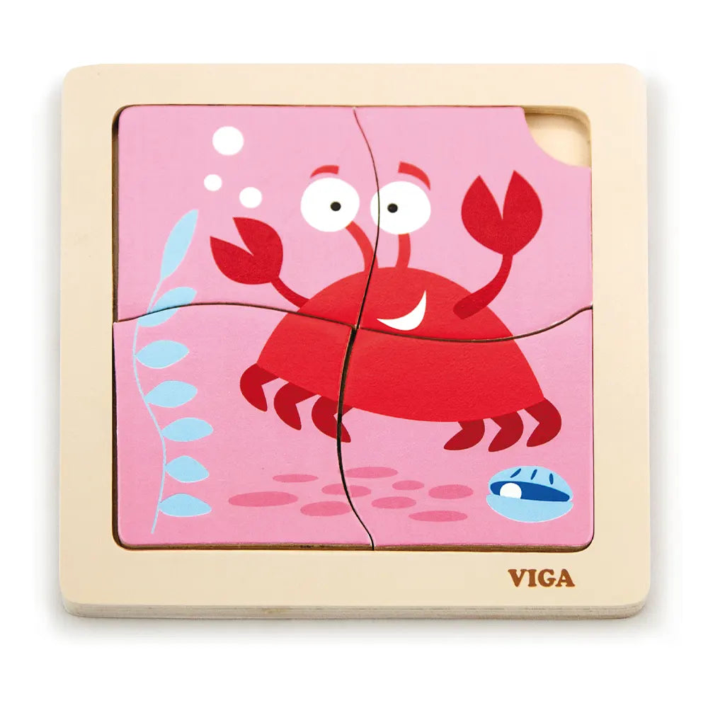Puzzle Crabe Rouge Bois 4 Pièces Fond Rose Viga Toys 12M+