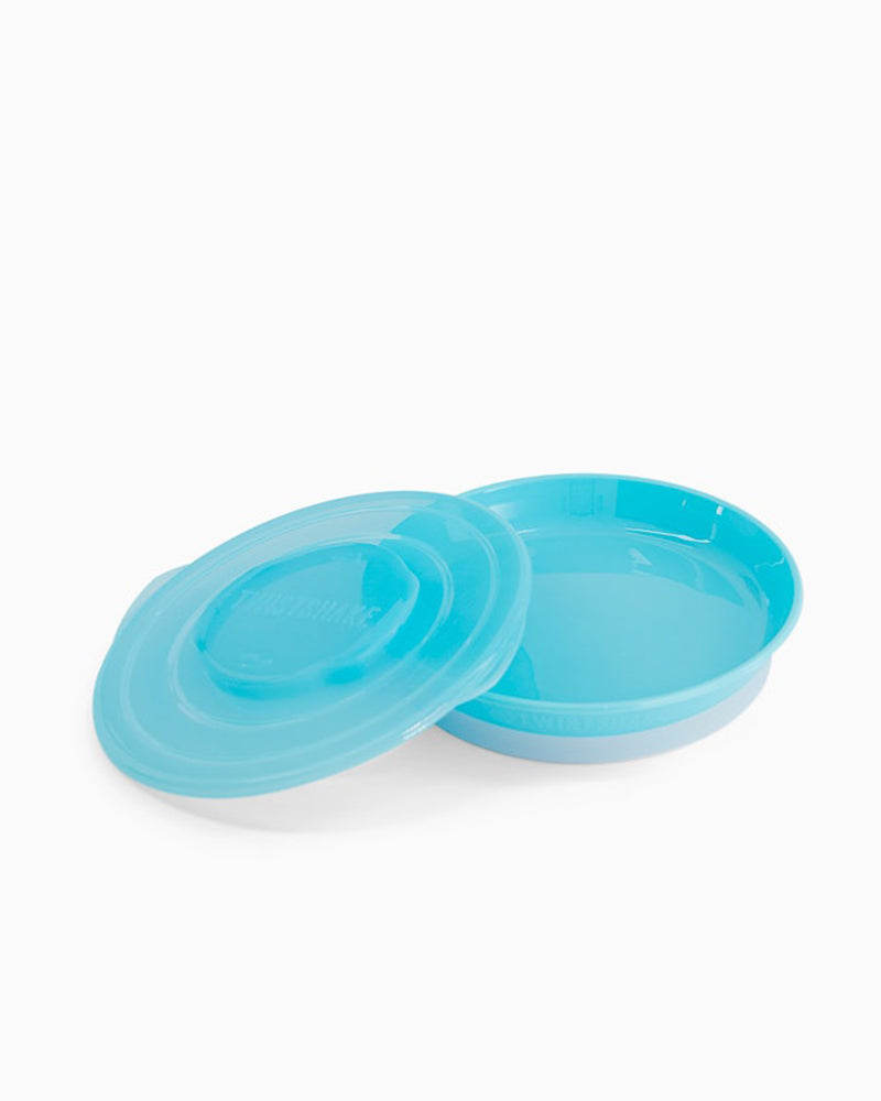 Assiette bébé bleue ronde avec couvercle à clips