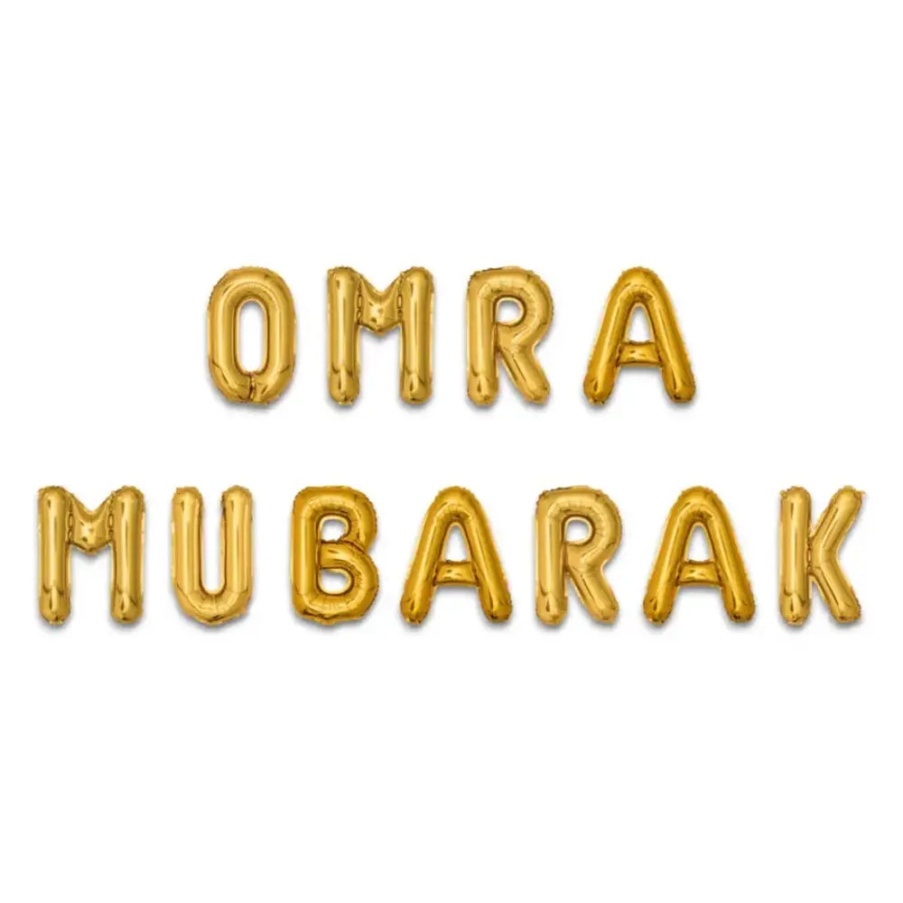 Kit de lettres ballon dorées « Omra Mubarak » – 13 pièces