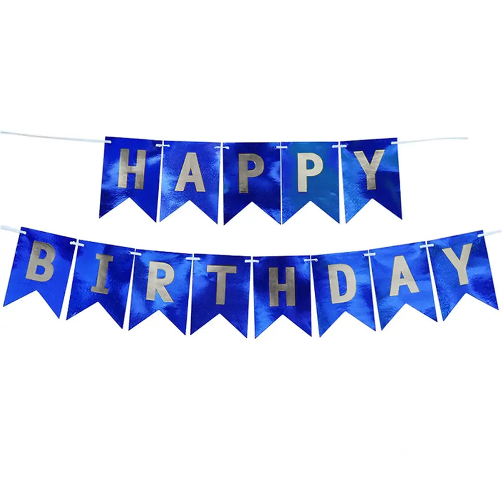 Décor d’anniversaire en fanions bleu vif et lettres argentées