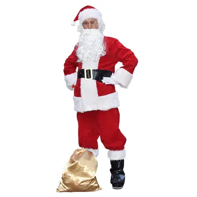 Tenue de Père Noël rouge avec barbe et sac doré