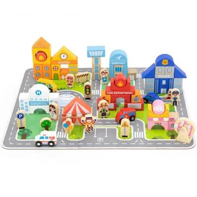 Ensemble 100 Blocs Bois Hêtre Univers Urbain avec Figurines