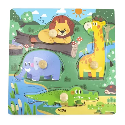 Puzzle Bois Animaux Sauvages 4 Pièces à Boutons 12M+