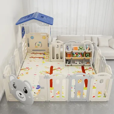Parc modulable 209 × 185 cm avec maison et étagère 3 niveaux
