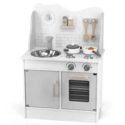 Cuisine en Bois Blanche et Grise avec 7 Accessoires, dès 3 ans