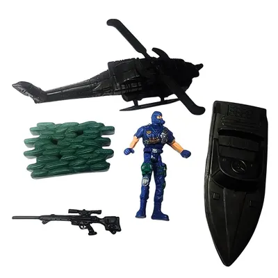 Mission en mer : figurine, hélicoptère et bateau