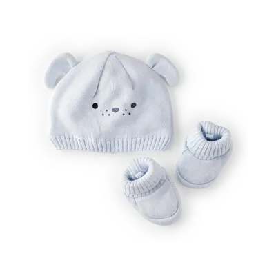 Ensemble naissance bleu clair avec bonnet chiot et chaussons