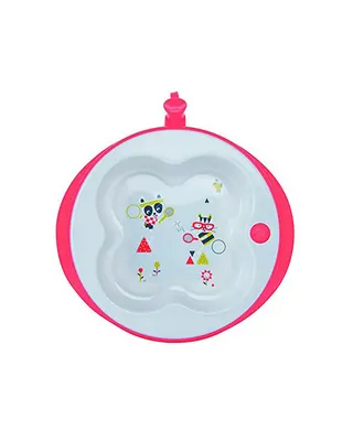 Assiette chauffante rose à réserve d’eau, décor ludique 18 mois+
