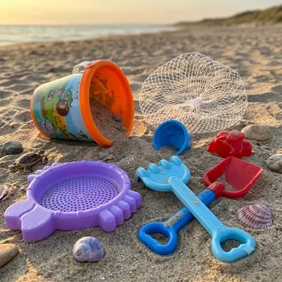 Seau Jungle illustré et outils de plage multicolores
