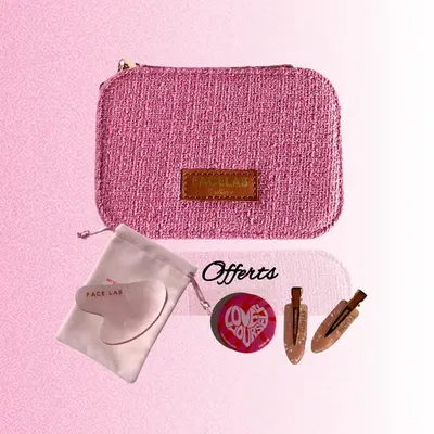 Rituel Gua Sha cœur en quartz rose avec coffret tweed