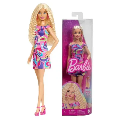 Poupée blonde à robe graphique et boucles roses, dès 3 ans