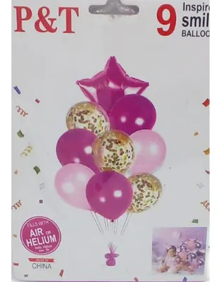 Neuf ballons rose et fuchsia, étoile et confettis dorés