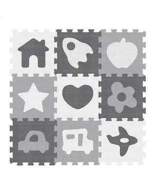 Tapis puzzle gris et blanc aux motifs illustrés