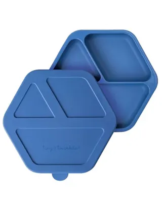 Assiette de repas bébé bleue à compartiments et couvercle en silicone