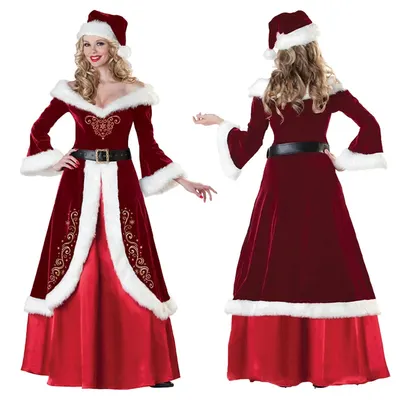 Costume de Mère Noël, robe longue avec bonnet et ceinture – M