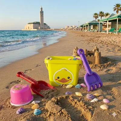 Seau jaune à motif canard avec outils pour jouer dans le sable