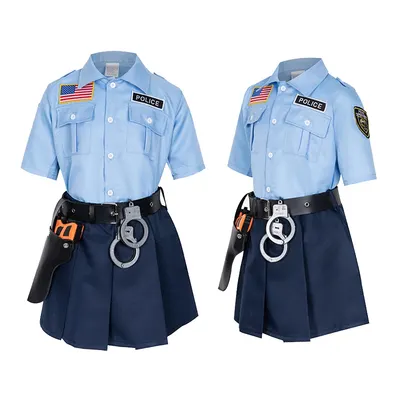 Tenue de policière enfant, chemise bleu clair et jupe plissée