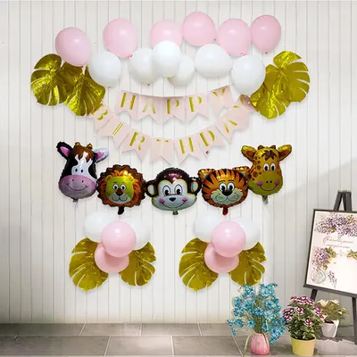 Kit de fête jungle rose avec ballons et feuilles dorées