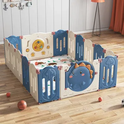 Parc pliable bleu et crème avec décor dinosaure et jeu de basket