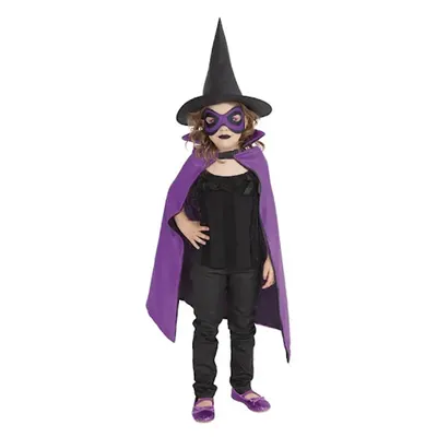 Panoplie de sorcière violette, cape, masque et chapeau noir
