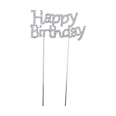 Décor à gâteau argenté « Happy Birthday » ponctué de strass