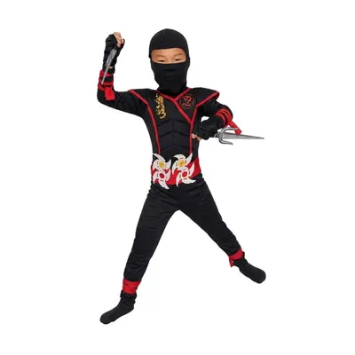 Panoplie de ninja noire aux bordures rouges et motifs dorés