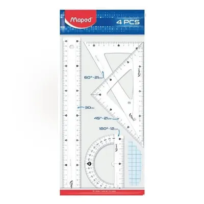 Kit de géométrie transparent, 4 instruments gradués