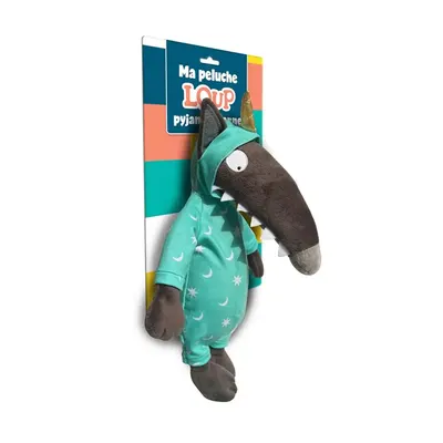 Loup en peluche avec combinaison pyjama turquoise aux motifs célestes