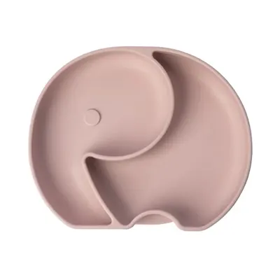 Assiette rose poudré en silicone, forme éléphant et base ventouse
