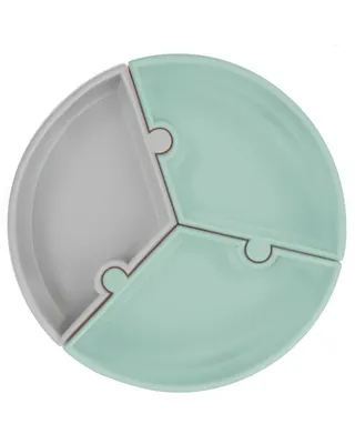 Assiette puzzle à trois pièces en silicone vert, base à triple ventouse