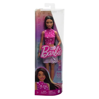 Poupée Barbie au haut fuchsia étoilé et jupe mauve, dès 3 ans