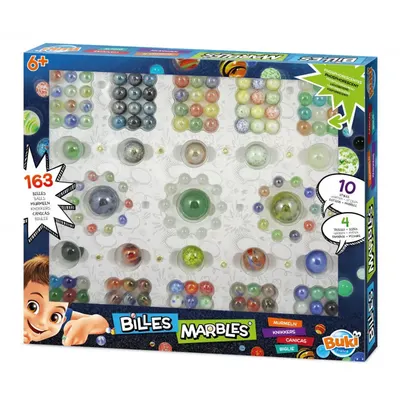 Assortiment de 163 billes de verre en quatre tailles
