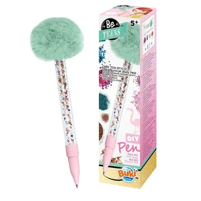 Stylo à composer, pompon vert menthe et thème flamant rose, dès 5 ans